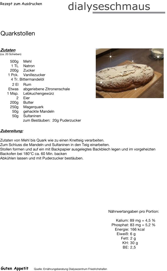 Rezept zum Ausdrucken Quarkstollen Zutaten (ca. 20 Scheiben)  500g Mehl 1	TL Natron 200g Zucker 1	Pck. Vanillezucker 4	Tr. Bittermandelöl 2	El Rum Etwas abgeriebene Zitronenschale 1	Msp. Lebkuchengewürz 2	Eier  200g Butter  250g Magerquark 50g gehackte Mandeln 50g Sultaninen zum Bestäuben:  20g Puderzucker Zubereitung: Zutaten von Mehl bis Quark wie zu einen Knetteig verarbeiten.  Zum Schluss die Mandeln und Sultaninen in den Teig einarbeiten. Stollen formen und auf ein mit Backpapier ausgelegtes Backblech legen und im vorgeheizten Backofen bei 180°C ca. 60 Min. backen Abkühlen lassen und mit Puderzucker bestäuben. Nährwertangaben pro Portion:   Kalium: 89 mg = 4,5 % Phosphat: 83 mg = 5,2 % Energie: 166 kcal Eiweiß: 6 g Fett: 2 g  KH: 30 g  BE: 2,5 Guten Appetit Quelle: Ernährungsberatung Dialysezentrum Friedrichshafen